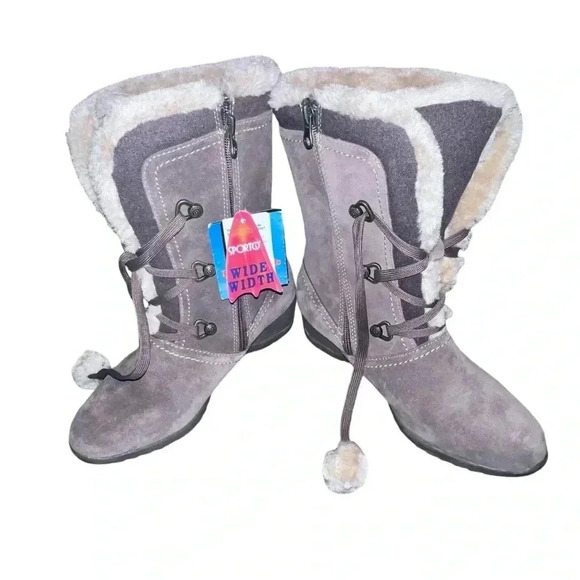 NWT Sporto Betsey PomPom side Zip Suede Leather Snow Boots 7.5 W Wide - Picture 5 of 5